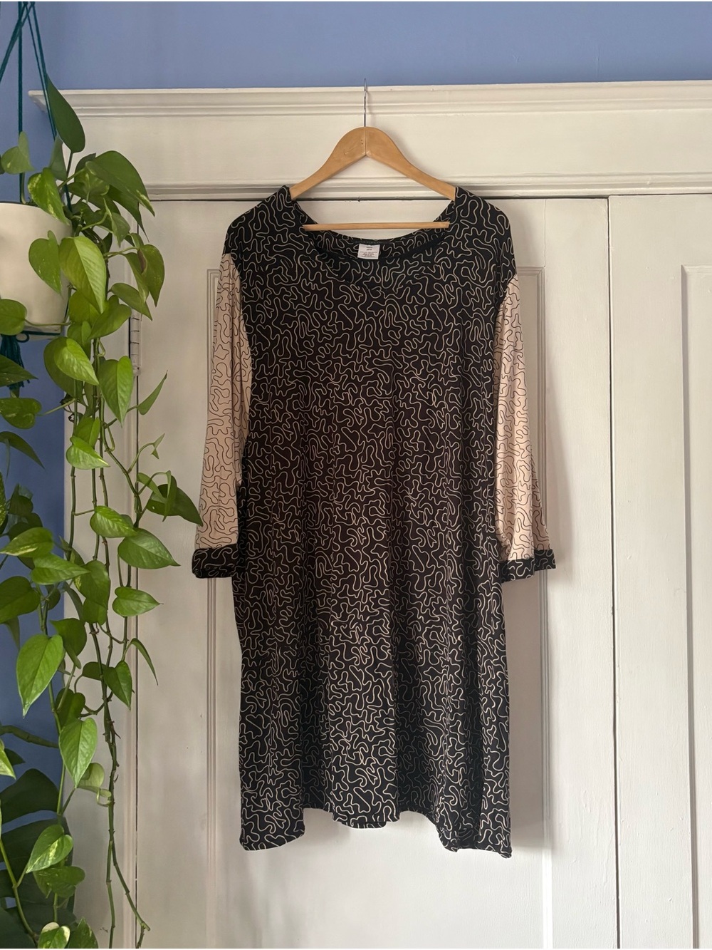 Ulla Popken Black and Cream Abstract-Print Long Sleeve Swing Dress